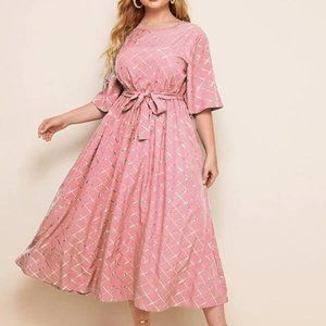 Shein Plus Grid Print Belted Midi Dress Size 5X